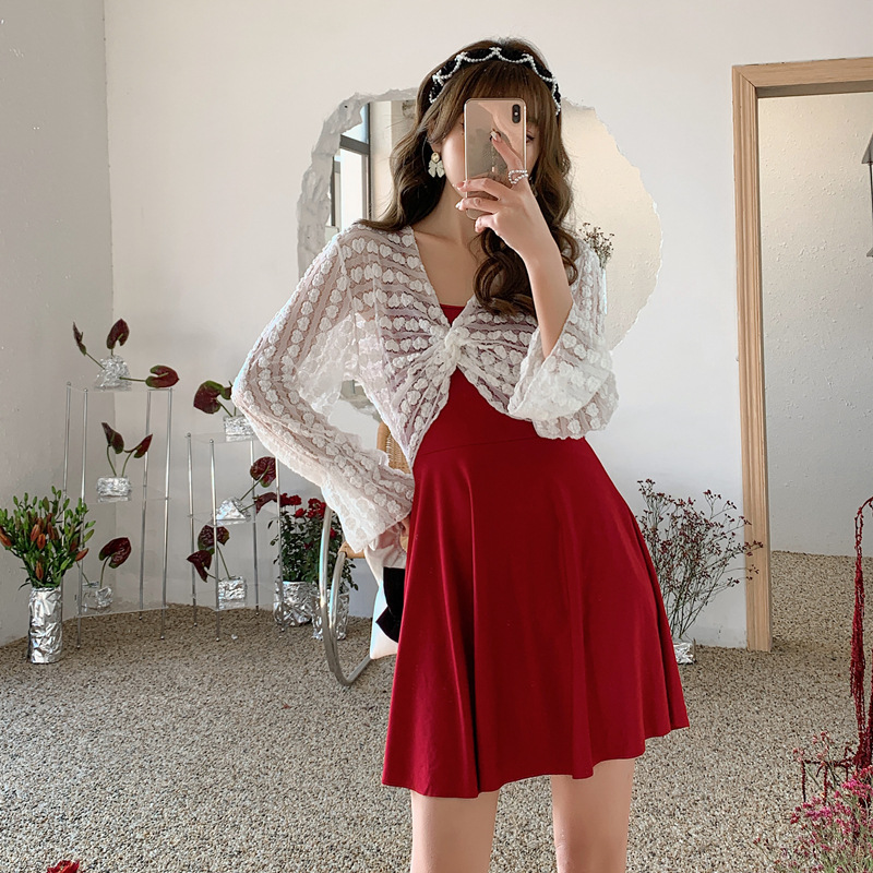 Swimsuit women's dress style one-piece conservative belly cover-up slimming, Korean ins style long-sleeved smock, fairy-like hot spring swimming outfit