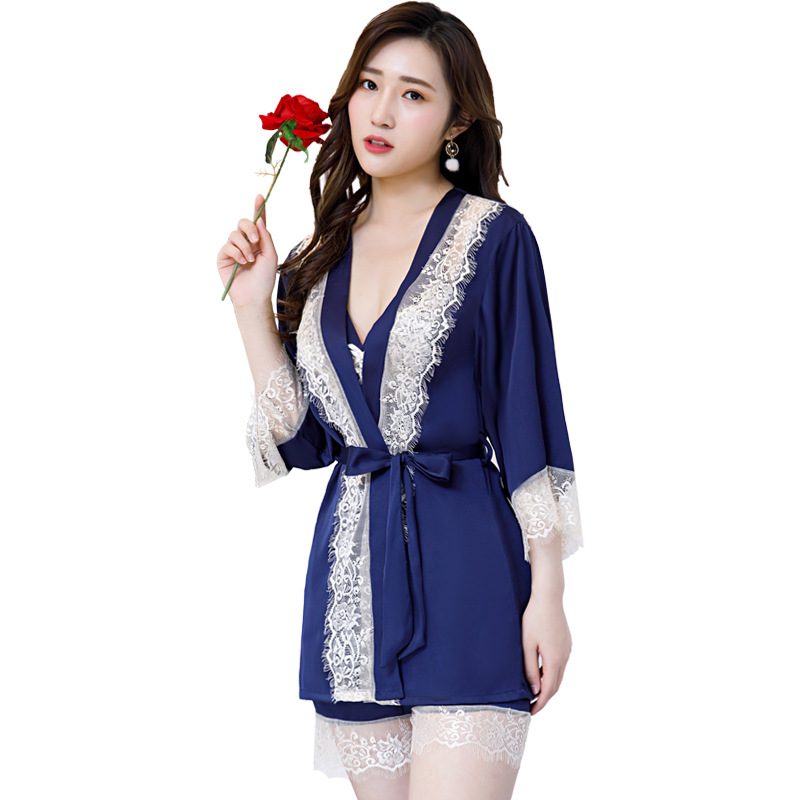 Wholesale of three-piece home wear with sexy halter bathrobes, ice-like silk shorts, eyelash lace straps and chest cushions Item Picture