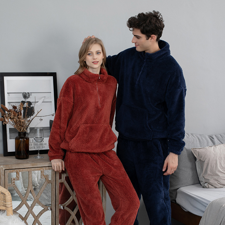 Flannel Nightgown Woman autumn/winter solid color couple's home dress pullover with thick pajama pants coral velvet nightgown for hair