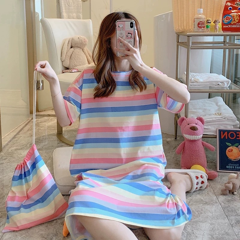 Pyjama female summer Korean version pyjama female summer nightdress short sleeve lady summer home dress set students lovely big size