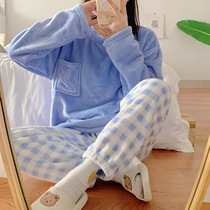 Korean plaid pyjamas women long sleeves trousers autumn and winter coral flannel leisure student home suit