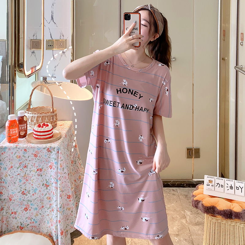 Summer short sleeved dress female Korean ins students long dress loose large size milk silk cartoon thin