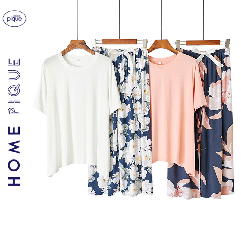 Cross border spring and summer Modal cotton silk pajamas women Amazon flower short sleeve pants pajamas home suit