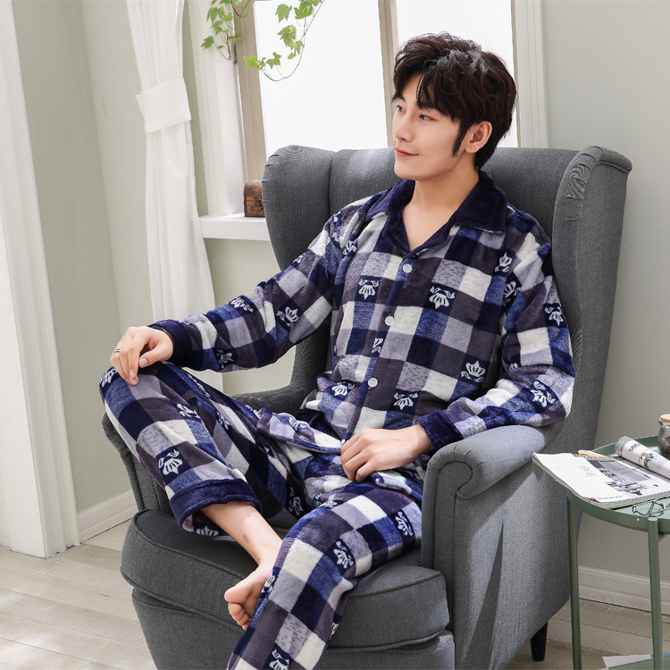 Winter unfelled pyjamas men's cardigans lapel fleece and thick home wear set