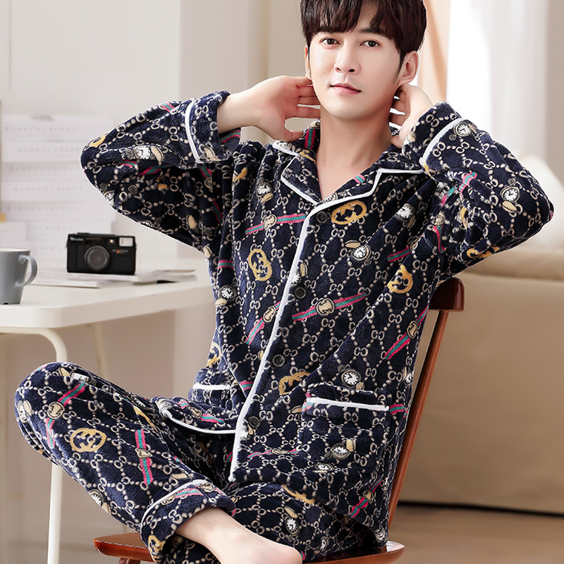 Flannel men's pyjamas with fleece and thick autumn/winter fashion warm fleece home dress large size set for middle-aged and young people
