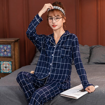 Pyjama women long sleeve autumn and winter contracted plaid neutral lapel trouser suit Korean foreign trade students home clothing thin