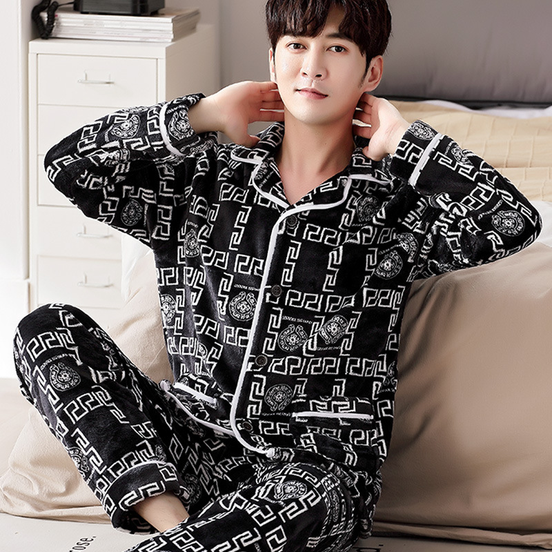 Flannel pyjamas, men's middle and young, winter fleece and thick, large size home wear, coral fleece long sleeve cardigans two sets