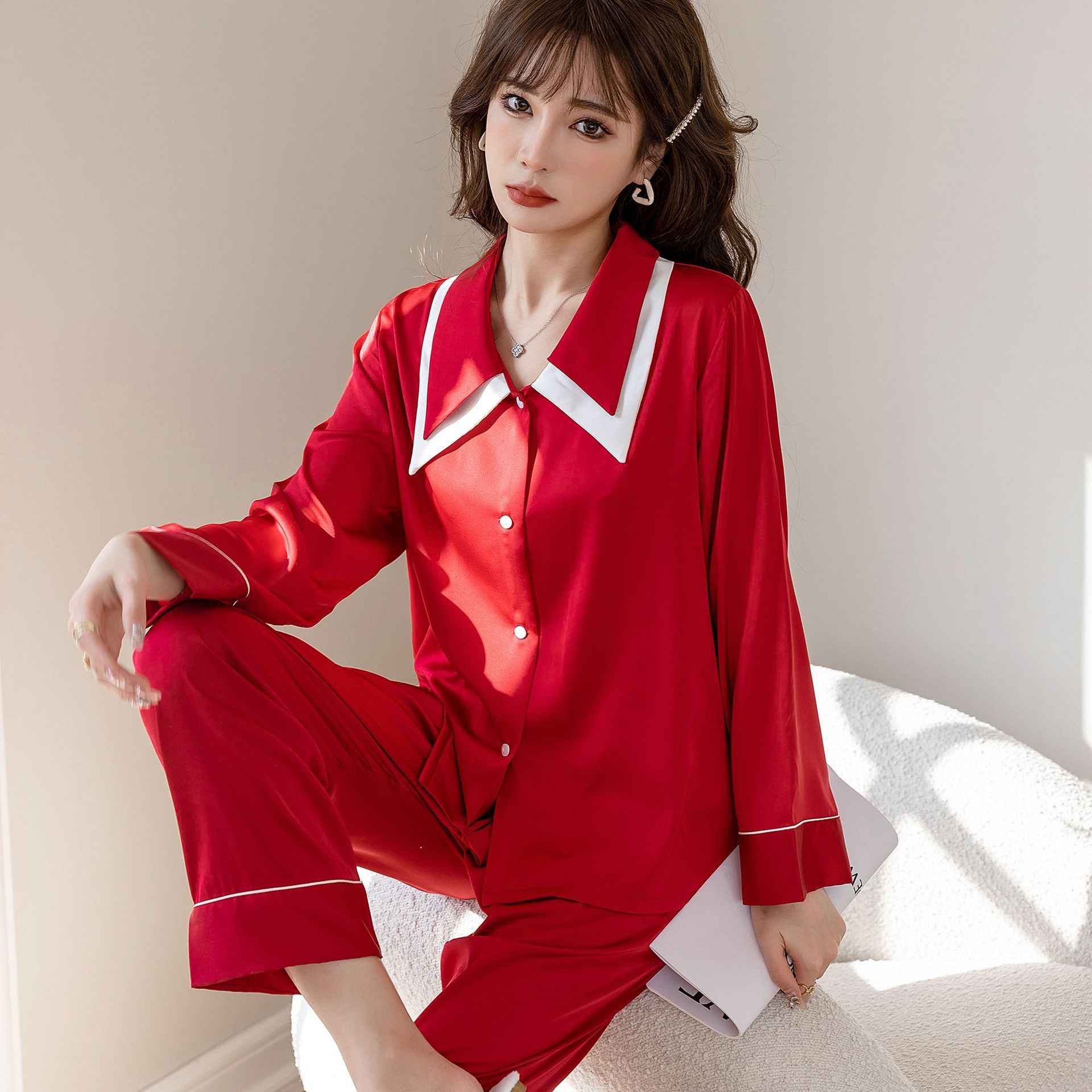 Pajamas Woman 2022 Spring/summer new long-sleeve pants home dress set Internet celebrity double collar ice and snow silk pajamas