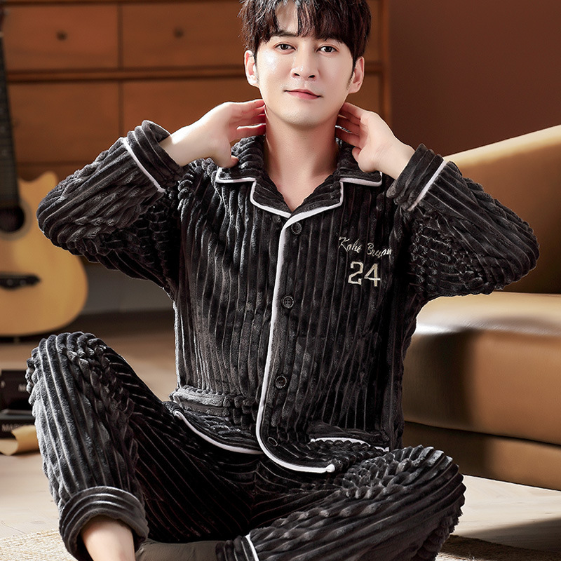 Winter men's pyjama flannel and heavy cardigan long sleeve two-piece middle-aged and young autumn/winter coral velvet set