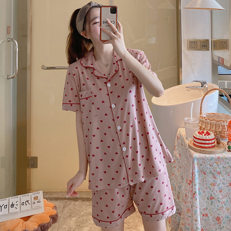睡衣女短袖短裤翻领印花学生可外穿家居服两件套装微商一件代发