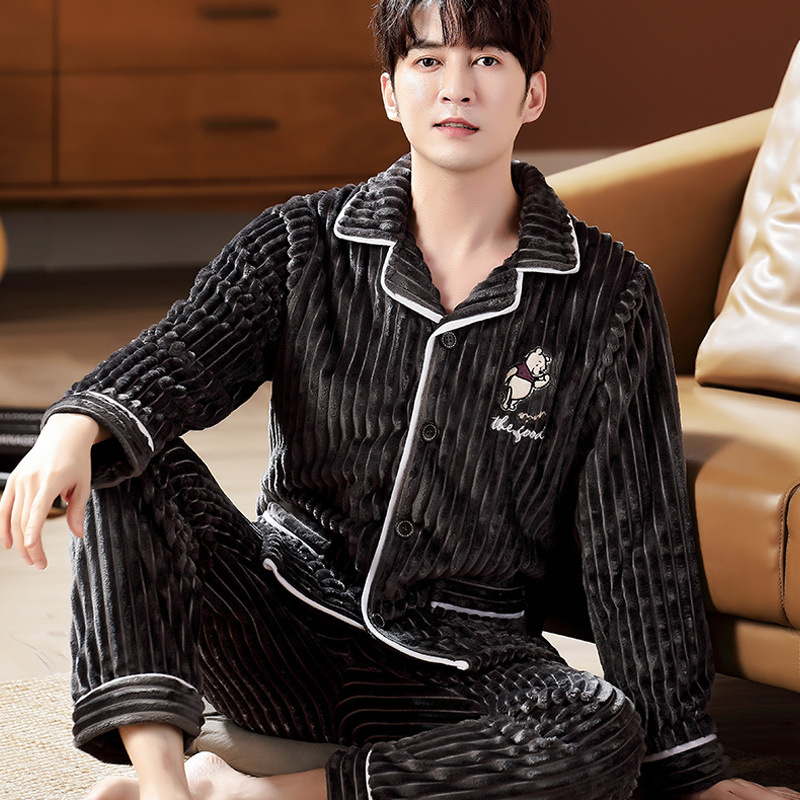 Pyjama men winter flannel thickened suit Korean version long sleeve two-piece cardigan large size coral cashmere home wear