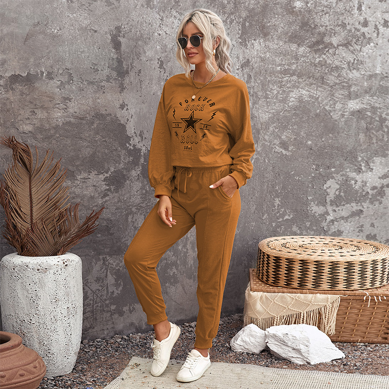 American music festival print pajamas round collar long sleeve crop trouser suit with pocket casual home dress women