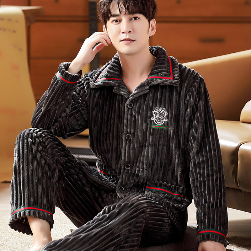 Pyjamas men winter thickened flannel cardigans long sleeves large size men coral fleece warm home wear