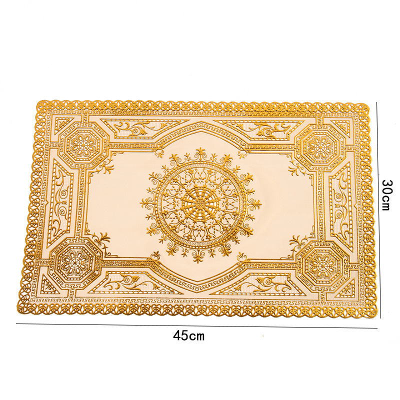 pvc perforated placemats and coasters with gold and silver embossing, 30*45 rectangular and oval table MATS, waterproof and anti-slip Western placemats wholesale Item Picture