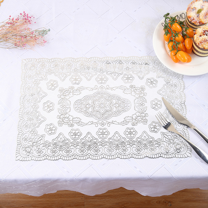 pvc perforated placemats and coasters with gold and silver embossing, 30*45 rectangular and oval table MATS, waterproof and anti-slip Western placemats wholesale Specification drawing