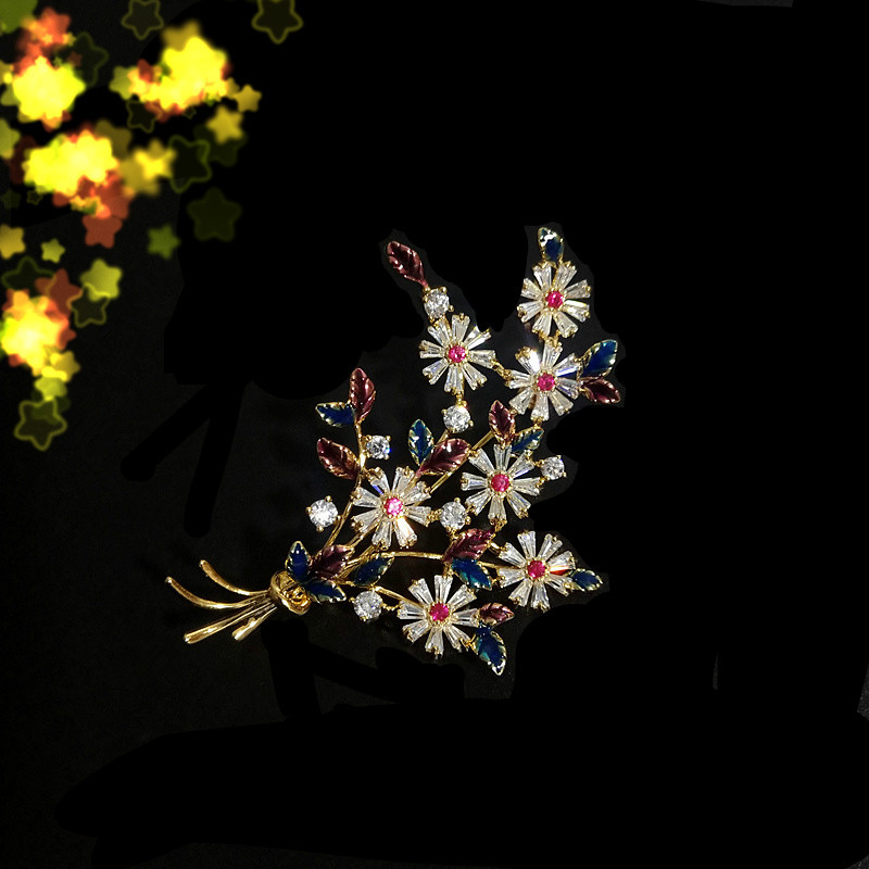 如奢饰品韩版高档镶锆石滴油枝叶花朵胸针女时尚珍珠胸花西服别针