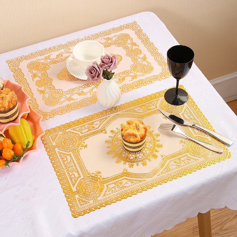 pvc perforated placemats and coasters with gold and silver embossing, 30*45 rectangular and oval table MATS, waterproof and anti-slip Western placemats wholesale full figure