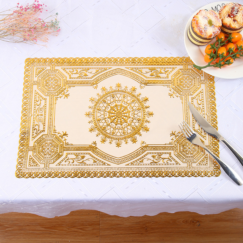 pvc perforated placemats and coasters with gold and silver embossing, 30*45 rectangular and oval table MATS, waterproof and anti-slip Western placemats wholesale details Picture