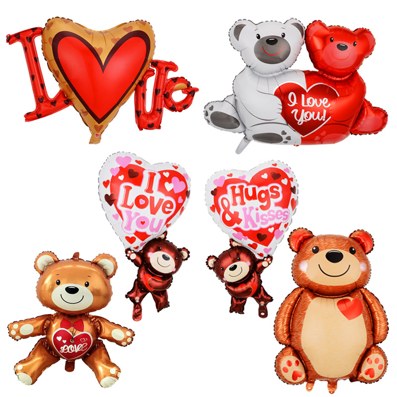 Valentine's Day cartoon bear shaped balloon Large heart Hugging bear aluminum membrane balloon hotel room decorated with balloons thumbnail