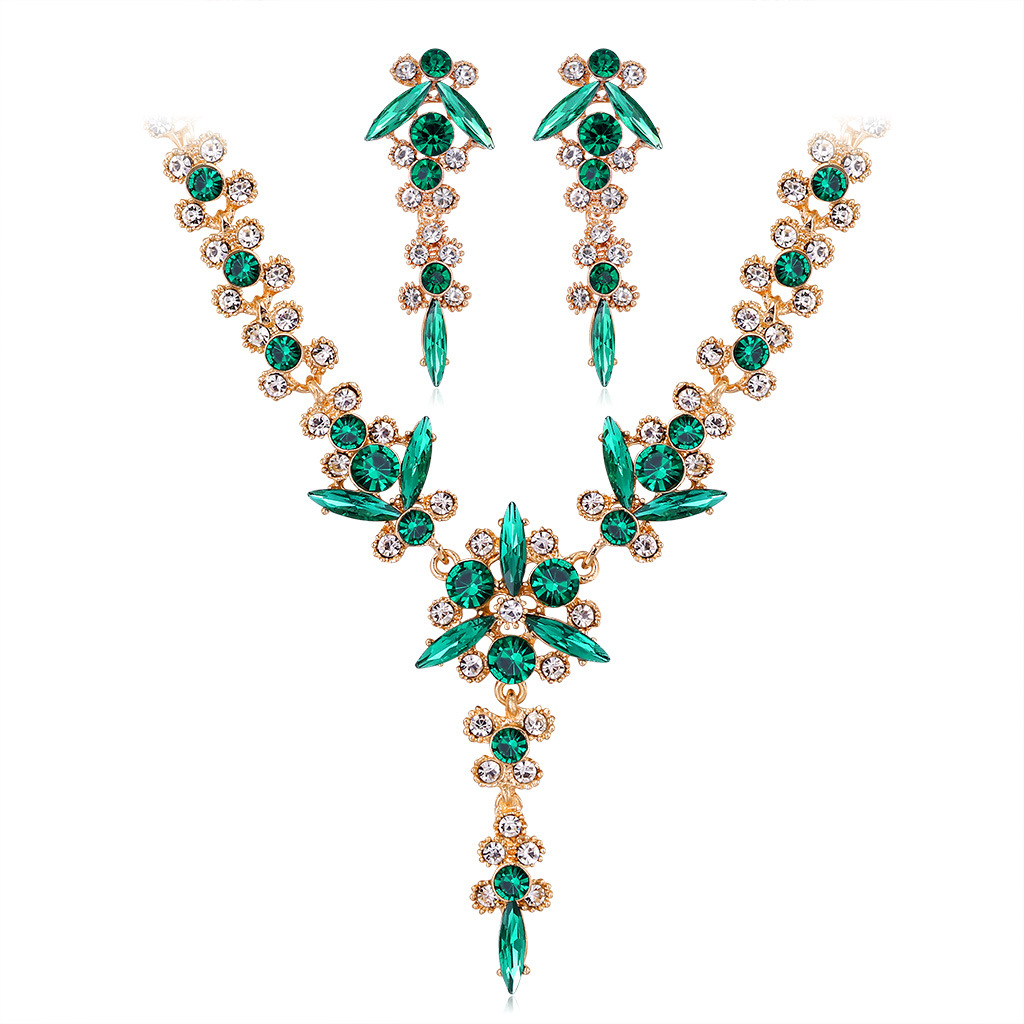 New European and American color gem necklace earrings 2 sets wedding dress dinner jewelry set stock