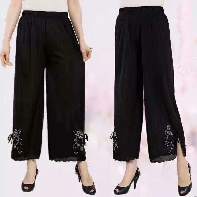 Old lady 9-point casual pants, Korean style loose plus-size women's pants with rhinestone design, new summer women's pants for middle-aged and elderly people