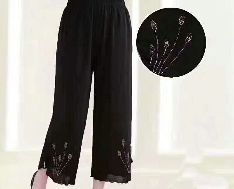 Old lady 9-point casual pants, Korean style loose plus-size women's pants with rhinestone design, new summer women's pants for middle-aged and elderly people Specification image
