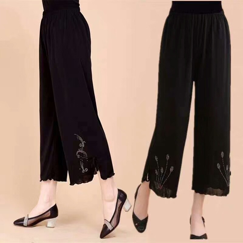 Old lady 9-point casual pants, Korean style loose plus-size women's pants with rhinestone design, new summer women's pants for middle-aged and elderly people Application Scenario