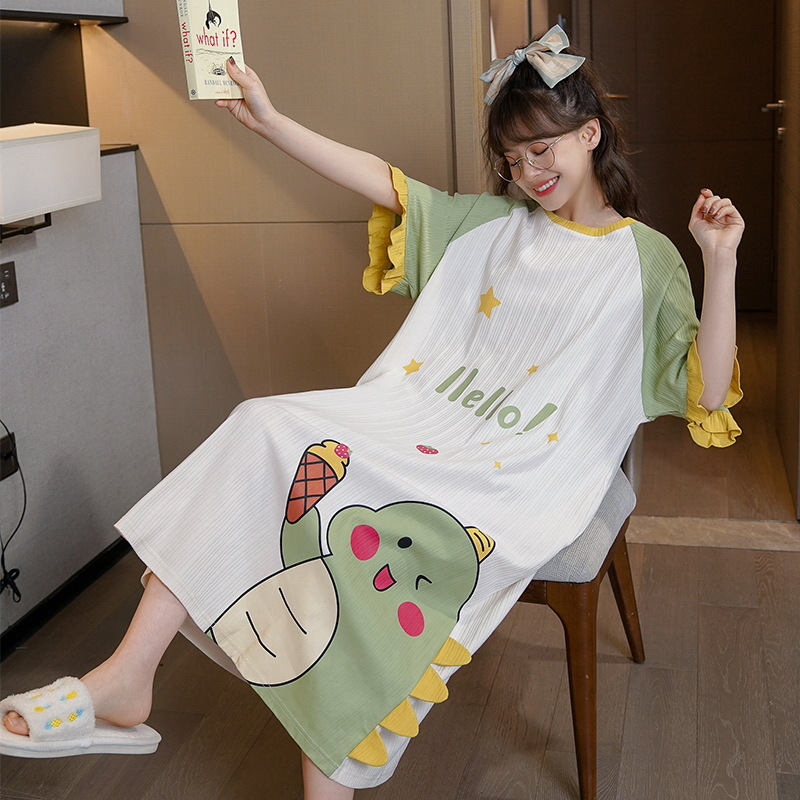 Direct sales from the manufacturer of summer short-sleeved, cute cartoon mid-length dresses for women, summer loose and large-sized pajamas
