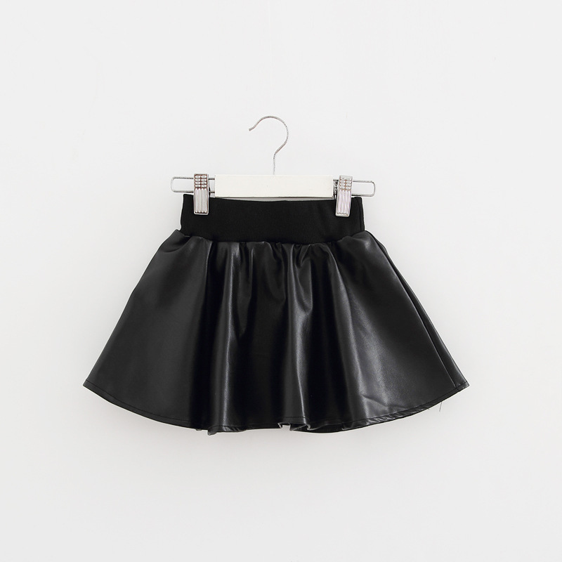 Black leather skirt for girls, baby children's half skirt, pu leather, little girl's stylish A-line skirt, half skirt, leather short skirt