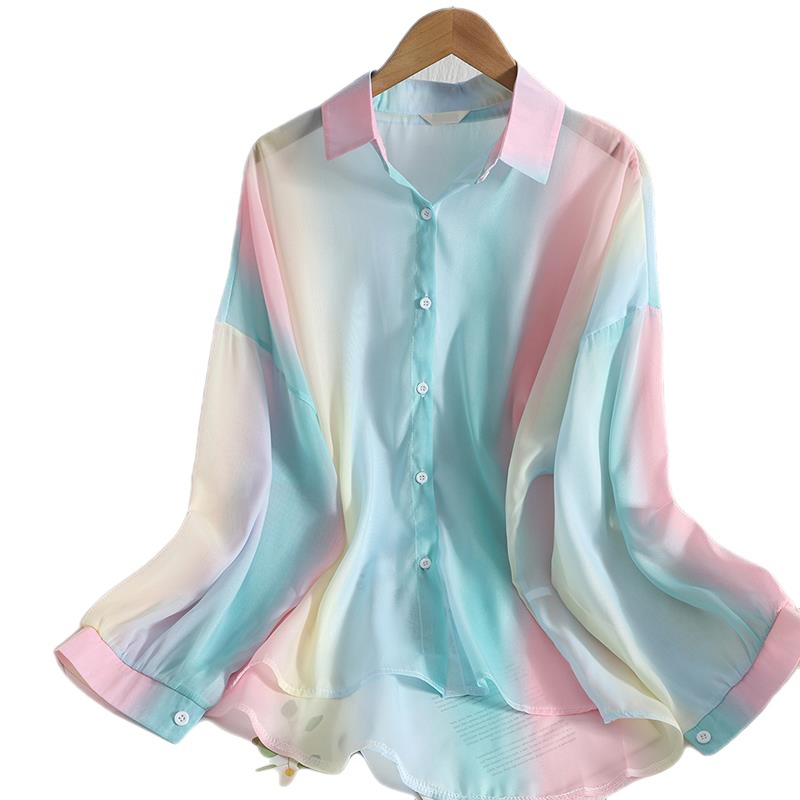 Mid-length slimming chiffon shirt, youthful and sweet rainbow-colored button-down shirt, gentle and versatile summer outfit, Korean-style sun-protective shirt Application Scenario