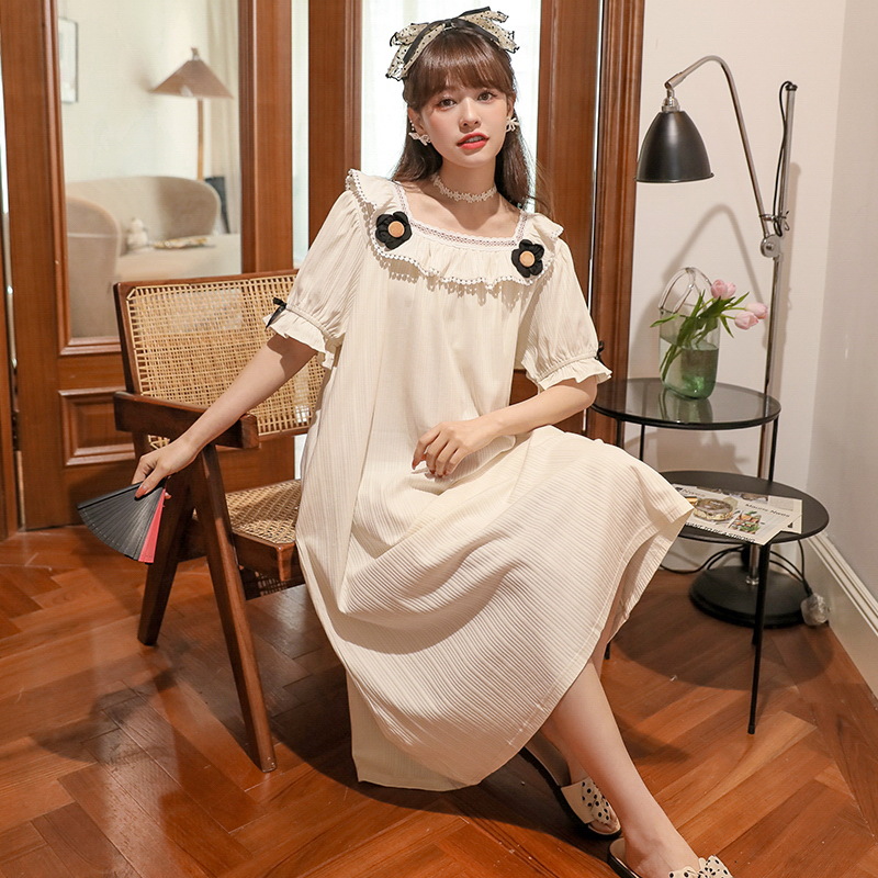 Princess-style sleeping dress, women's summer short-sleeved lace lace, court-style long dress, home wear, summer loose large-sized pajamas details Picture