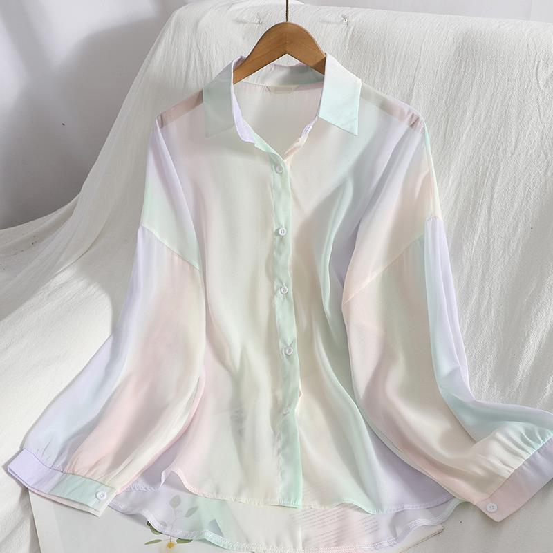 Mid-length slimming chiffon shirt, youthful and sweet rainbow-colored button-down shirt, gentle and versatile summer outfit, Korean-style sun-protective shirt Specification image