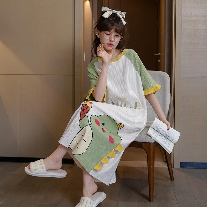 Direct sales from the manufacturer of summer short-sleeved, cute cartoon mid-length dresses for women, summer loose and large-sized pajamas details Picture