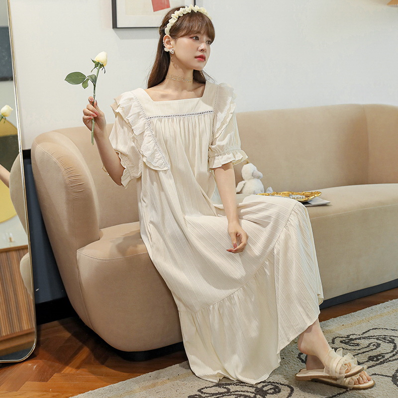 Court-style sleeping dress for women, summer short-sleeved lace lace princess-style long dress for home wear, summer loose large-sized pajamas