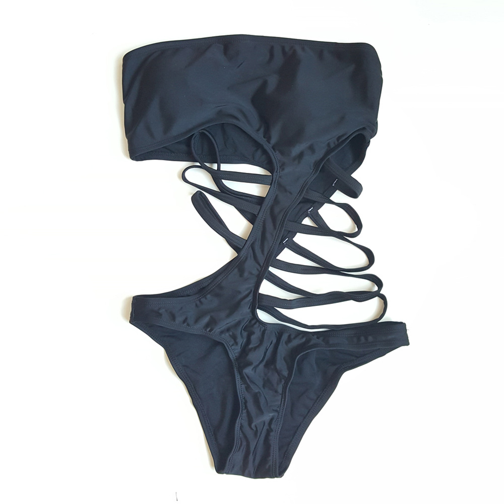 New European and American women's swimwear, sexy one-shoulder black one-piece swimwear, hollowed-out women's two-piece women's swimwear in stock details Picture