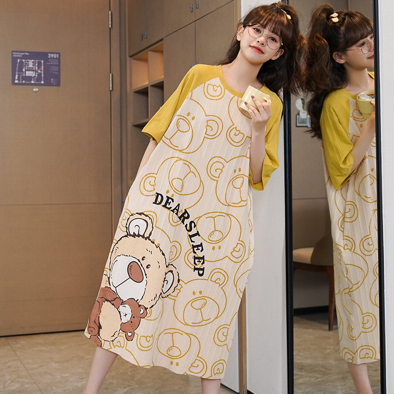 Plus-size sleeping dress for women, summer short-sleeved cute cartoon mid-length dress, home wear, summer loose pajamas, cross-border trade details Picture