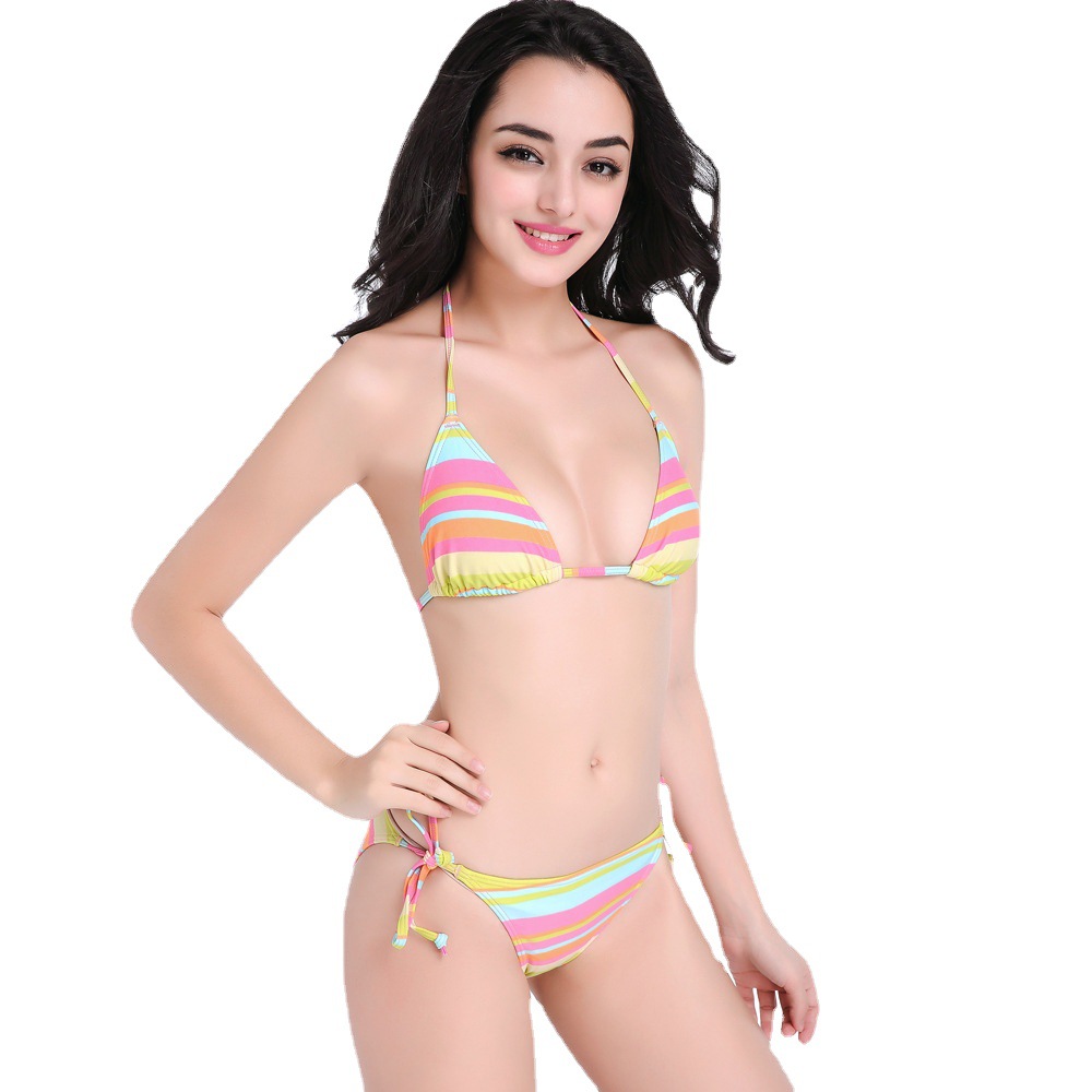 2021 New Southeast Asian style rainbow striped striped nylon BIKINI Swimsuit for vacation and hot spring Item Picture