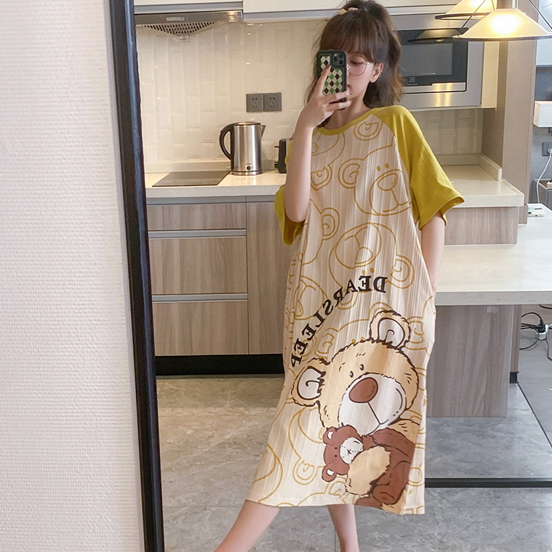 Plus-size sleeping dress for women, summer short-sleeved cute cartoon mid-length dress, home wear, summer loose pajamas, cross-border trade Application Scenario