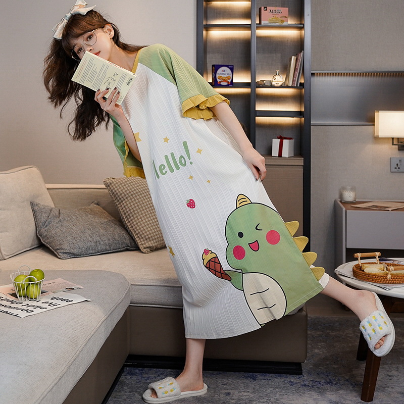 Direct sales from the manufacturer of summer short-sleeved, cute cartoon mid-length dresses for women, summer loose and large-sized pajamas Application Scenario