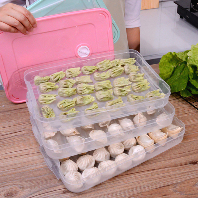 冰箱保鲜收纳盒 带盖家用速冻水饺盒馄饨盒 多层叠加不粘底饺子盒