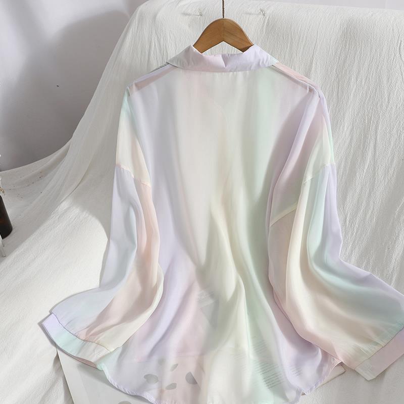 Mid-length slimming chiffon shirt, youthful and sweet rainbow-colored button-down shirt, gentle and versatile summer outfit, Korean-style sun-protective shirt details Picture