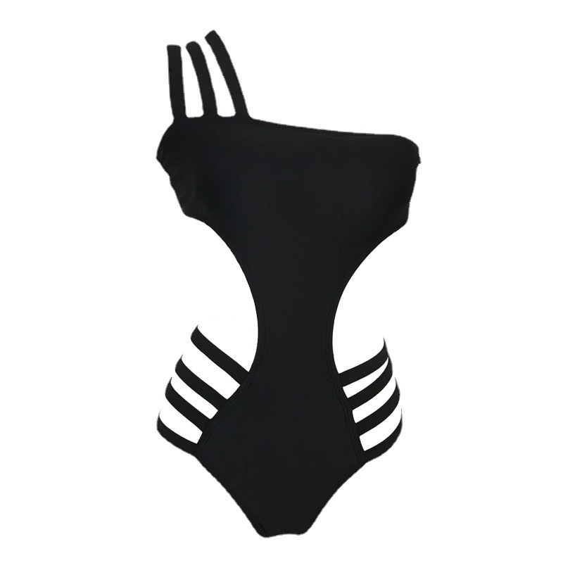 New European and American women's swimwear, sexy one-shoulder black one-piece swimwear, hollowed-out women's two-piece women's swimwear in stock Item Picture