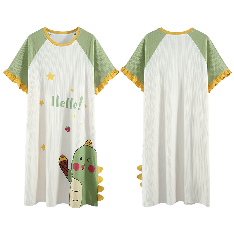 Direct sales from the manufacturer of summer short-sleeved, cute cartoon mid-length dresses for women, summer loose and large-sized pajamas Item Picture