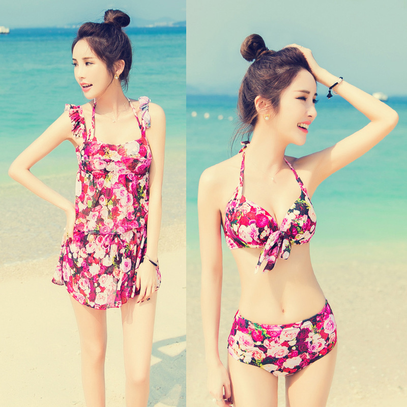 Women's swimsuit three-piece set Bikini steel frame gathering sexy skirt style beach belly cover-up blouse Swimsuit dark night rose