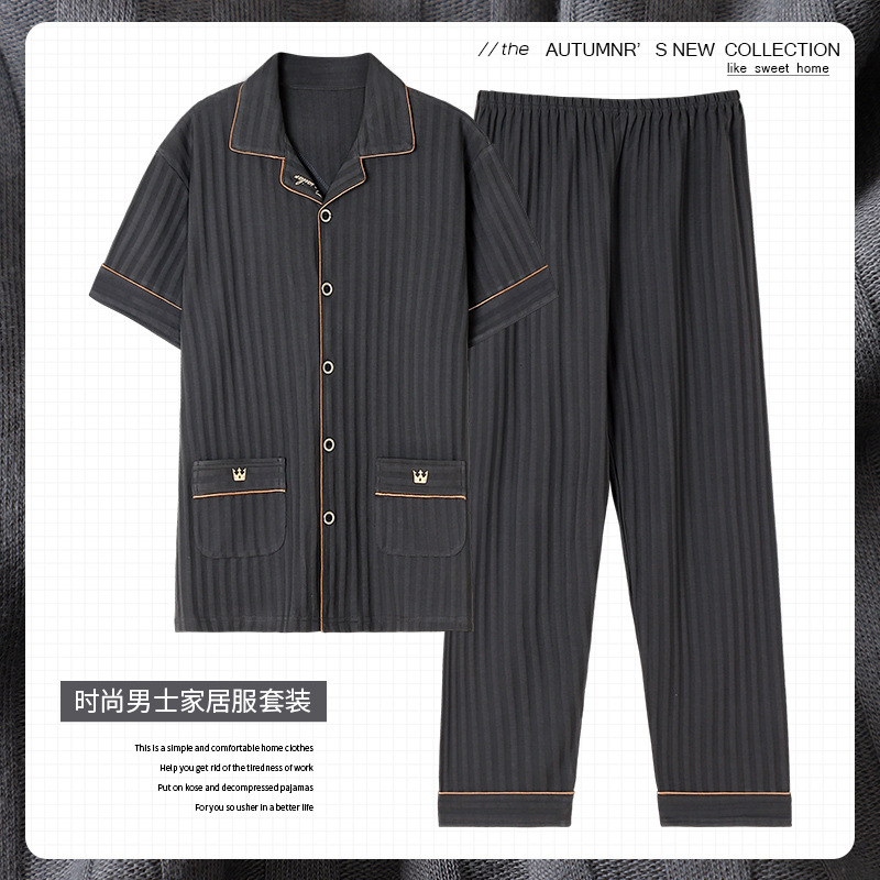 Pure cotton men's pajamas, autumn long-sleeved and loose-fitting version, youth spring and summer short-sleeved and long pants cotton suits for home wear details Picture