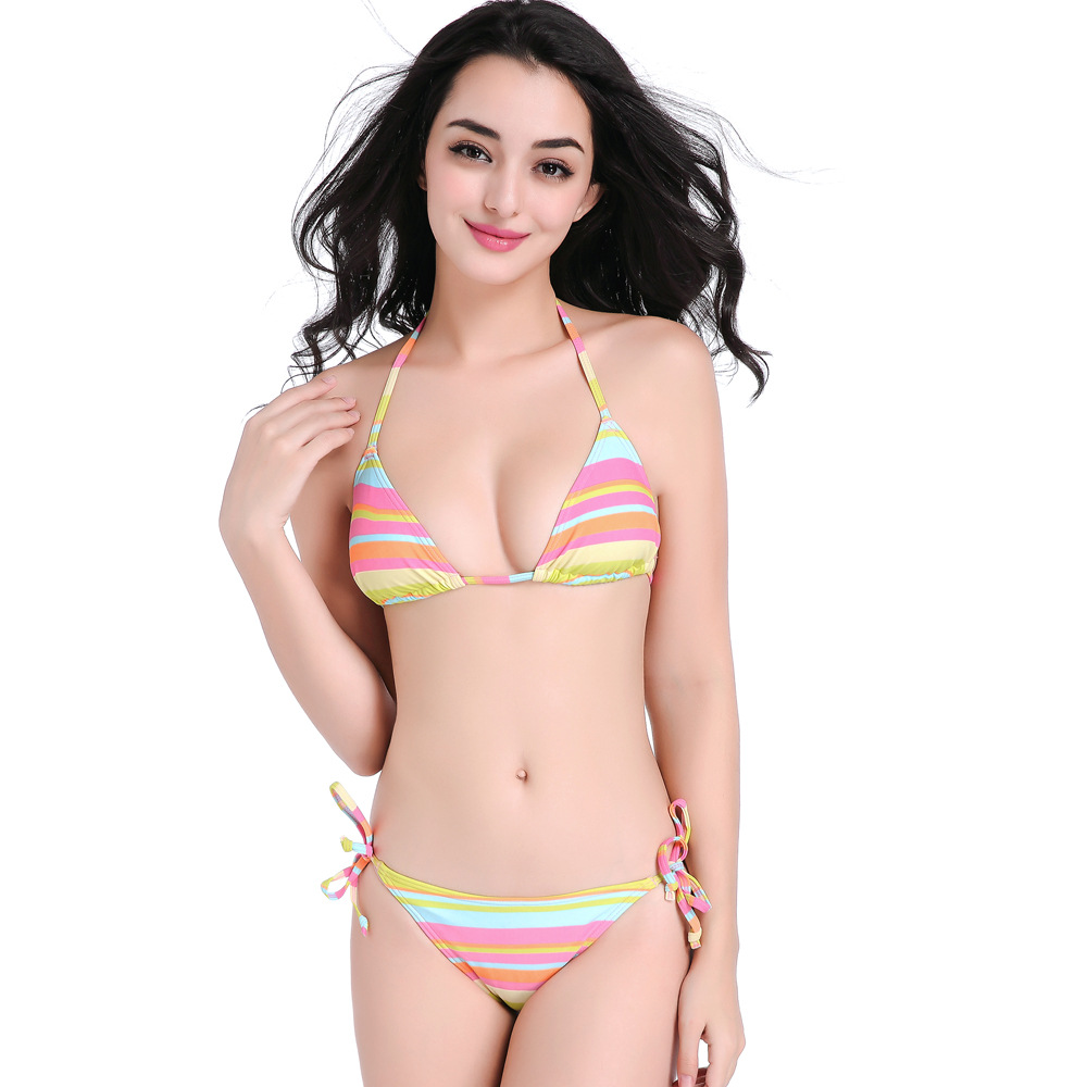 2021 New Southeast Asian style rainbow striped striped nylon BIKINI Swimsuit for vacation and hot spring details Picture