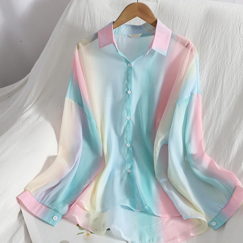 Mid-length slimming chiffon shirt, youthful and sweet rainbow-colored button-down shirt, gentle and versatile summer outfit, Korean-style sun-protective shirt Item Picture