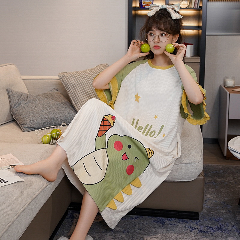 Direct sales from the manufacturer of summer short-sleeved, cute cartoon mid-length dresses for women, summer loose and large-sized pajamas Specification image