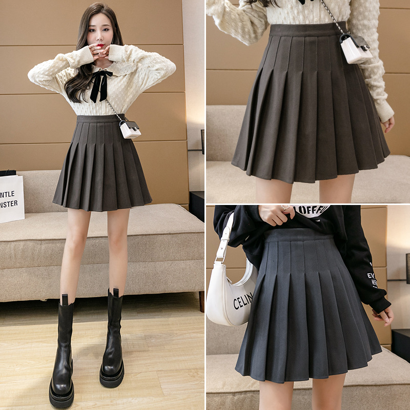 Woolen short skirt, pleated skirt, women's autumn and winter new checkered black high-waisted Korean A-line skirt, slimming plate-sized half skirt
