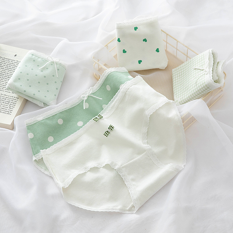 Japanese-style fresh and light polka dot print milkshake green girl underwear for women, pure cotton crotch mid-waist student briefs Specification image